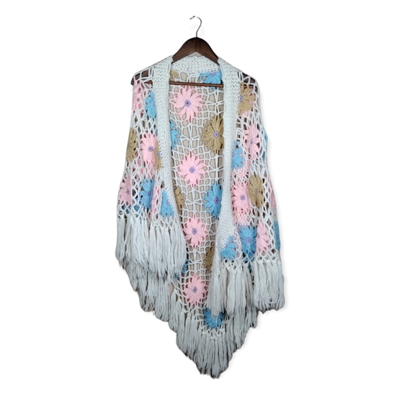 Accessories - VTG Handmade crochet floral multi colored tassel boho long shawl wrap